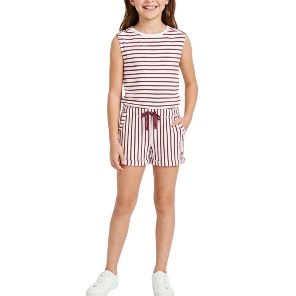 NEW 7 FOR ALL MANKIND Striped Jersey Cotton Romper Pockets Shoulder Snaps Girl M